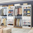 [10 FT Closet System] Reversible Set of 2 Wood Closet Organizer System with 2 Drawers, 4 Hanging Rods Adjustable Shelf, Walk In Closet Organizers with Shoe Rack, Garment Rack Clothes Rack, White