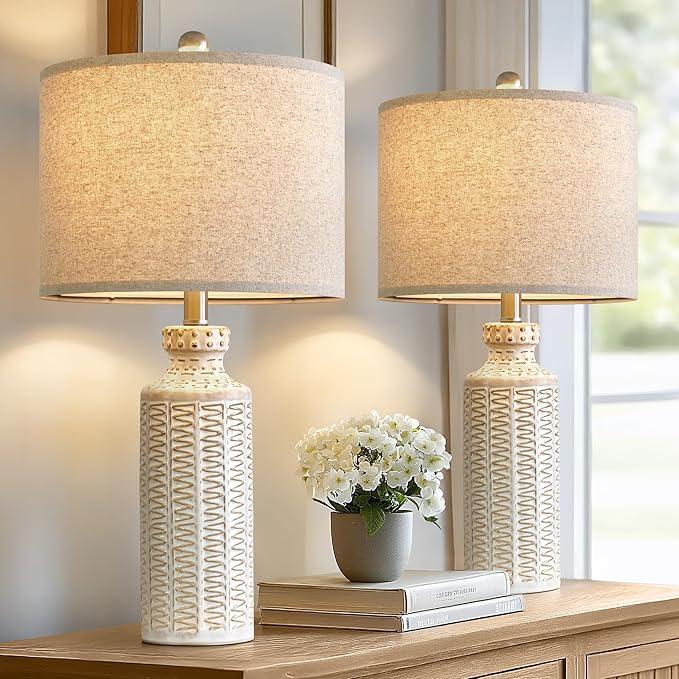 24.75'' Farmhouse Ceramic Table Lamp Set of 2 for Bedroom Living Room Vintage Traditional Rustic Modern White Nightstand Bedside Lamps