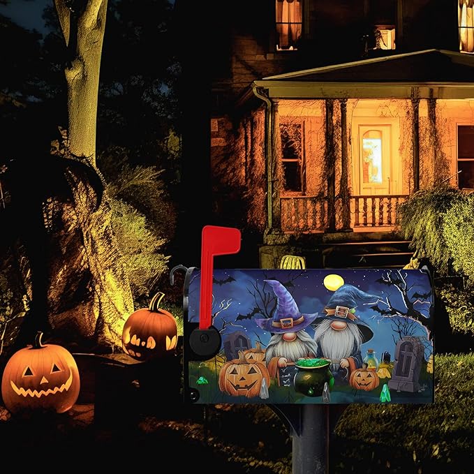 Halloween Pumpkins Magnetic Mailbox Covers Standard Size 21x18 Inches Gnome Halloween Moon Night Mailbox Wraps Letterbox Covers Garden Yard Home Decor for Outdoor