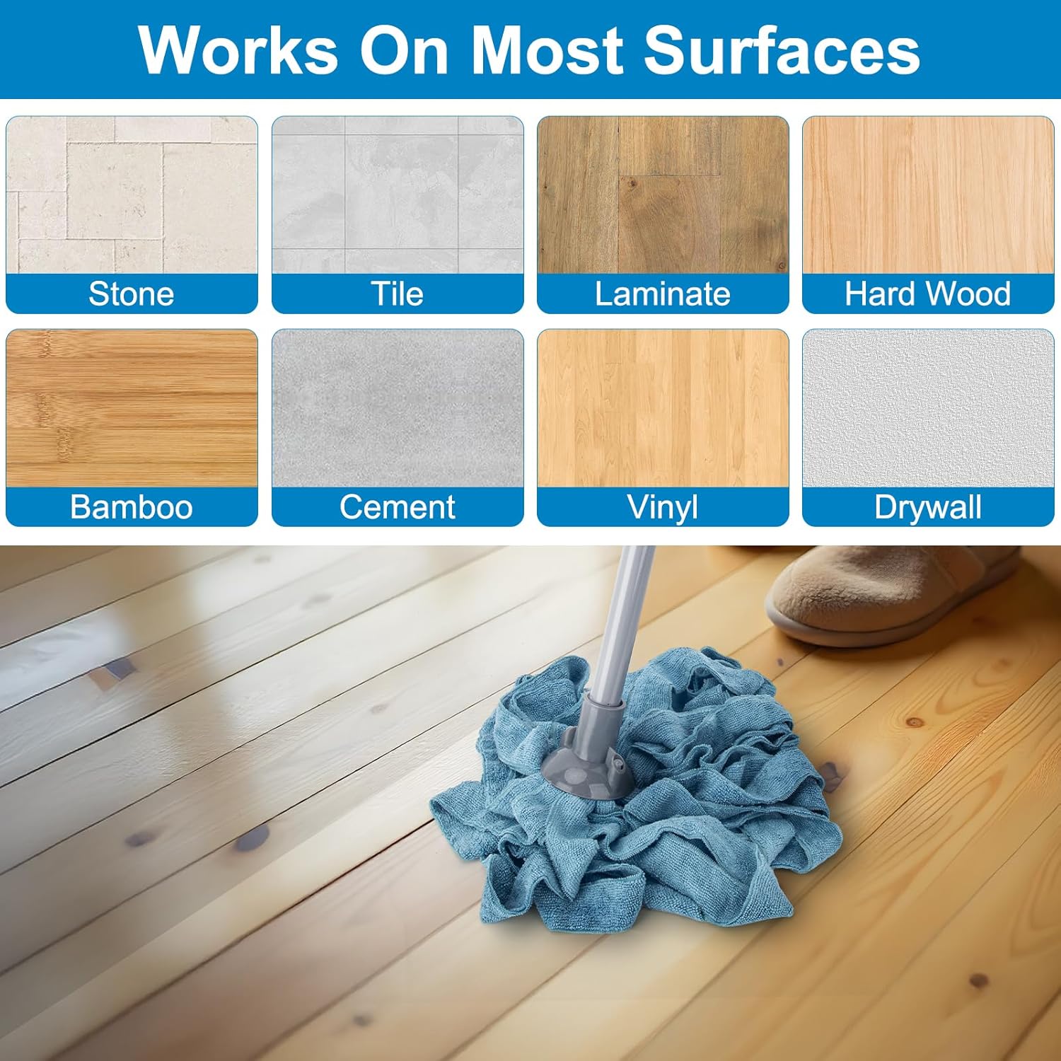 KeFanta Mops for Floor Cleaning,One Mop Handle with 2 Blue Microfiber Cloth Mops Head Replacement,String Wet Mop Refills Compatible with 0.8" Diameter Stick(1 Pole & 2 Heads)