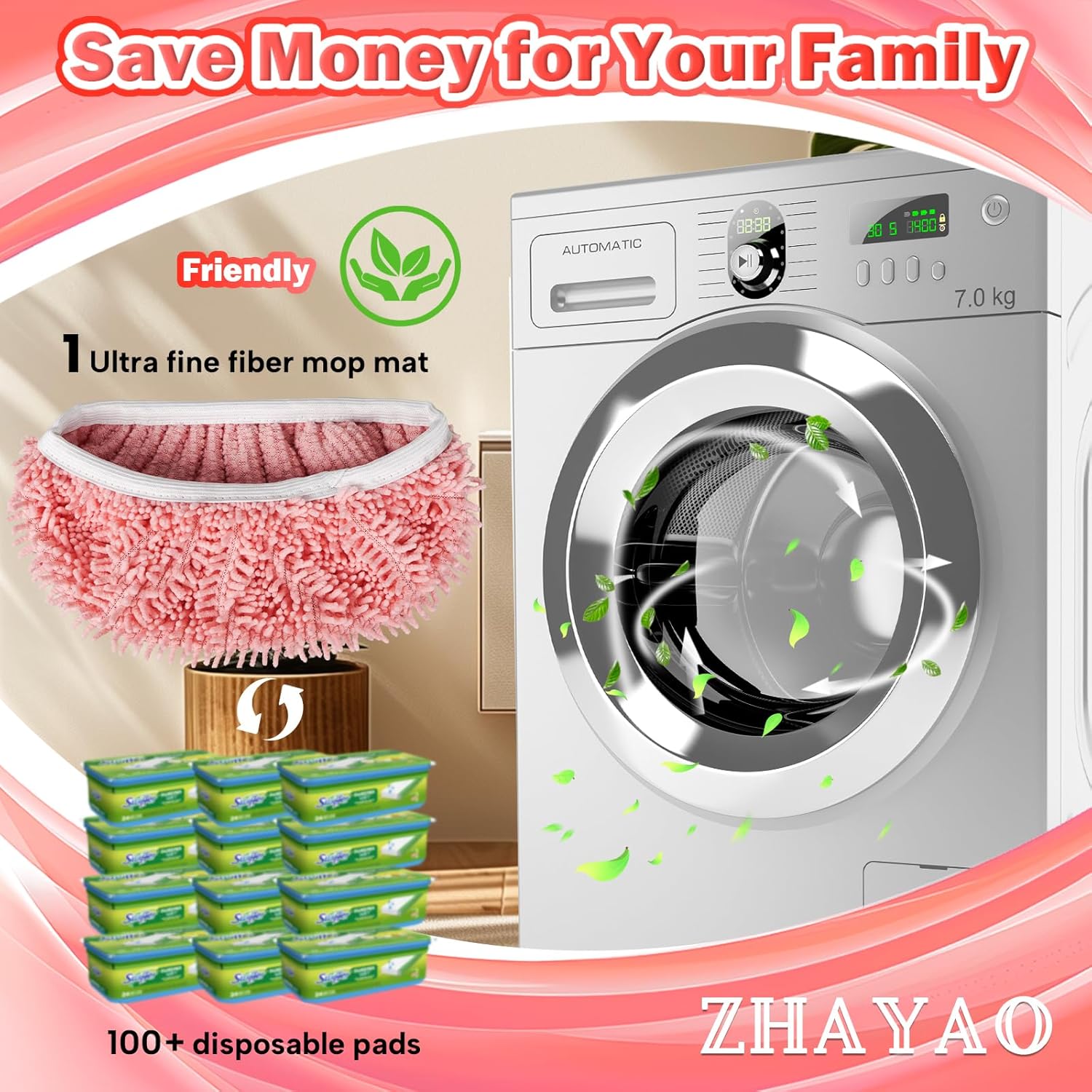 Reusable 100% Coral Fleece Mop Pads Compatible with Swiffer Sweeper Mop, Pink, Wet and Dry Flat mop Cover, 3 Pack Washable Mop Pads for Surface/Hardwood Floor Cleaning (Mop is Not Included)