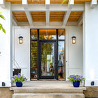 Outdoor Wall Sconce, Outside Porch Light Fixtures, Dusk to Dawn Wall Mount Anti-Rust Exterior Wall Lights in Wood Grain & Black Finish with Clear Glass