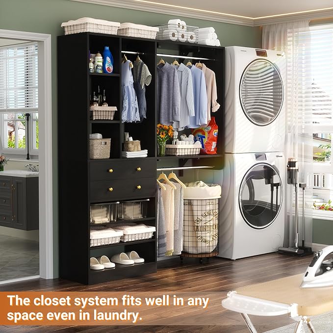 Closet System - 5FT Small Closet System with Drawers, 60" Closet Organizer System with Reversible Hanging Shelving, Closet Systems for Small/Walk-in Closets, Black
