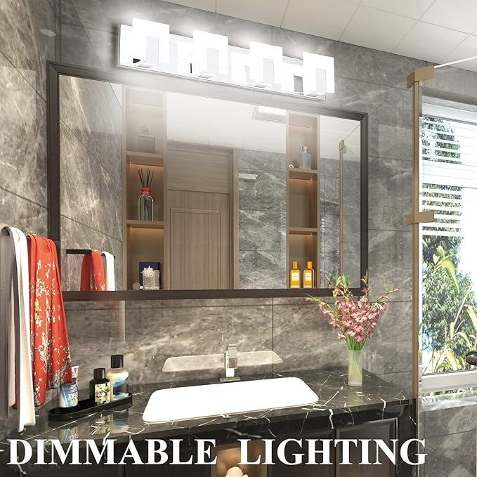 Aipsun 4 Lights Dimmable Modern LED Vanity Light for Bathroom Frosted White Acrylic Chrome Up and Down Bathroom Wall Light Fixtures Over Mirror(White Light 6000K)