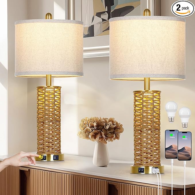 27" Natural Rattan Table Lamps Set of 2, Boho Bedside Lamp for Bedroom with Night Light, Woven Wicker Nightstand Lamps with 2 USB Ports & AC Outlet, Tall Farmhouse Living Room Lamp, Gold