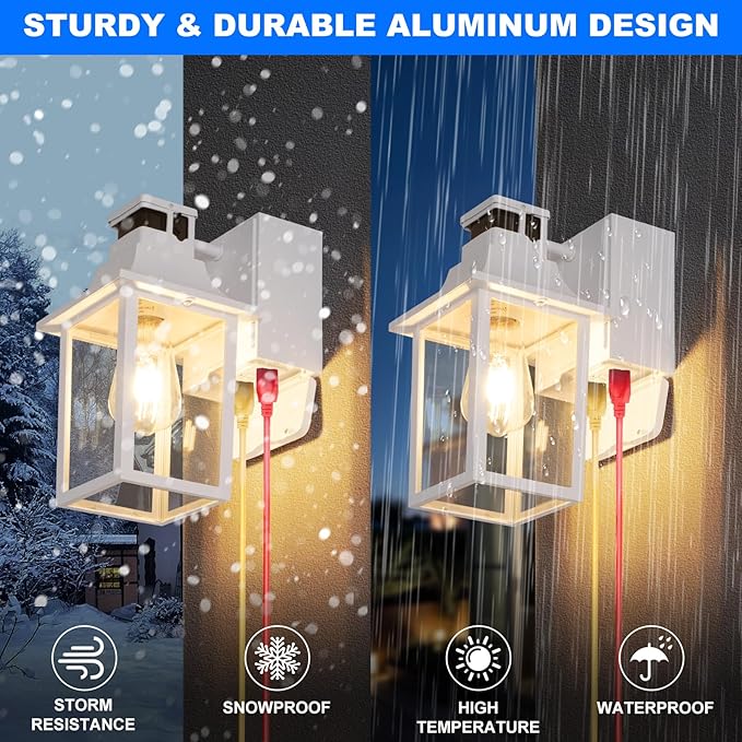 Porch Light with GFCI Outlet Dusk to Dawn Motion Sensor Outdoor Light 3 Light Modes Exterior Light Fixture Waterproof Outside Wall Light for House Patio Garage（White）