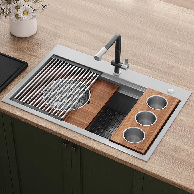 Ruvati 33-inch Two-Tiered Ledge Workstation Kitchen Sink - Drop-in Topmount Kitchen Sink - 16 Gauge Stainless Steel Kitchen Sink with Brushed Finish hides scratches - RVH8424