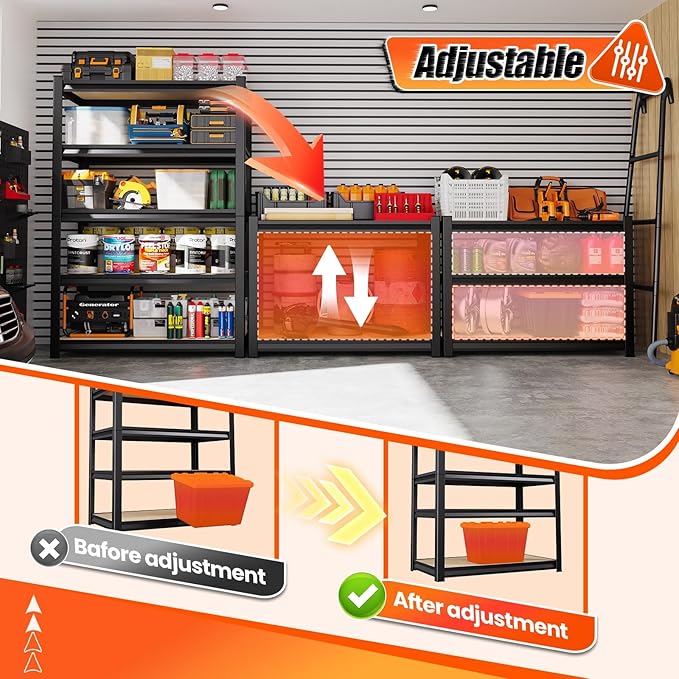 72" H*36'' Storage Shelves 2500lbs Garage Shelving, Adjustable Heavy Duty Garage Shelves, Easy to Install Metal Shelving Wood Shelving Unit, Storage Shelf for Basement Warehouse, 2 Pack