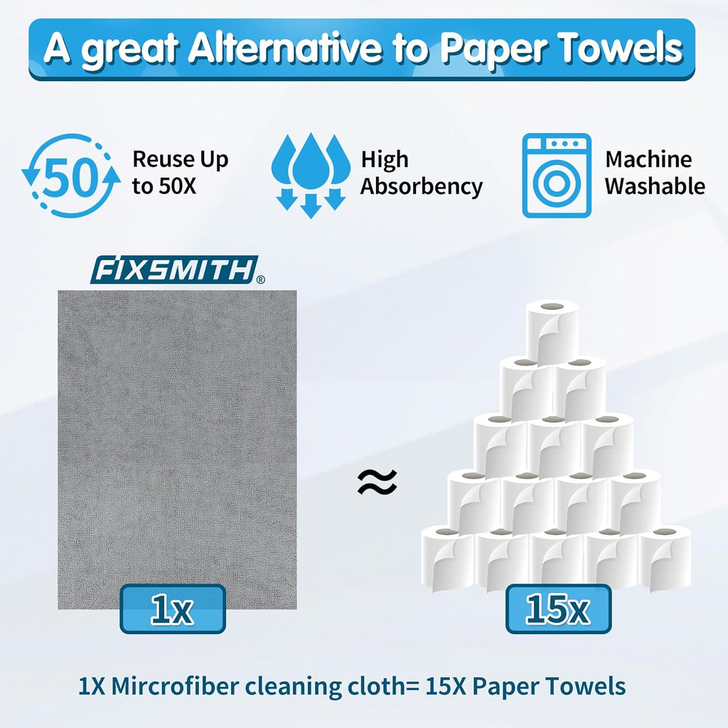 FIXSMITH Grey Microfiber Cleaning Cloth, Pack of 50, 16"X12" Cleaning Rags for Housekeeping and Kitchen, Reusable Shop Towels, Microfiber Towels for Cars, Lint Free, Scratch-Free, Highly Absorbent