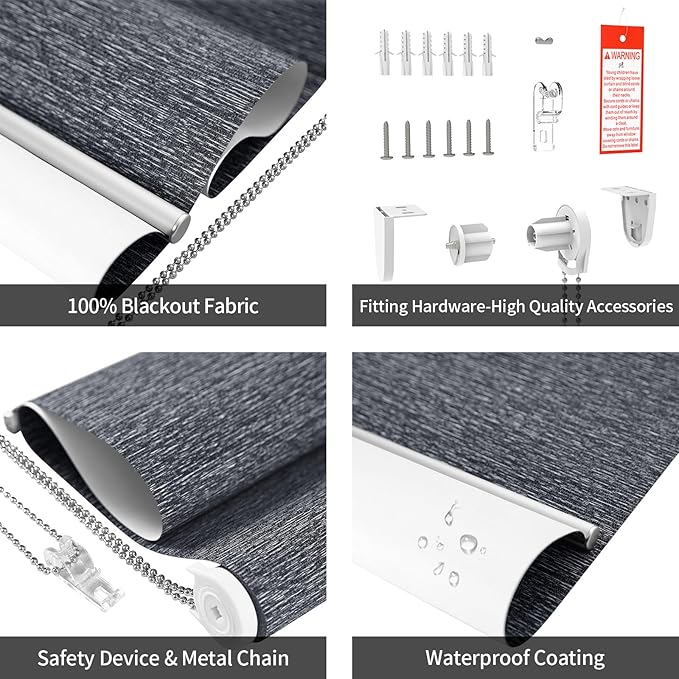 ALLBRIGHT 100% Blackout Roller Blinds Woven Shades with Striped Jacquard, Cordless Window Shades, UV Protection Fabric, Easy-Install for Indoor Home & Office, Dark Blue, 45" W x 72" H