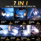 TOOLIOM 220A Cold TIG Welder with DC Pulse, 7 In 1 Cold Spot Lift TIG/Stick Welder with IGBT Inverter, 110&220V Welding Machine with Large Digital Display 2T/4T/4T PRT Mode TIG Welding Equipment