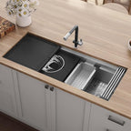 Ruvati 45-inch Two-Tiered Ledge Workstation Kitchen Sink - Undermount Kitchen Sink - 16 Gauge Stainless Steel Kitchen Sink with Brushed Finish hides scratches - RVH8335