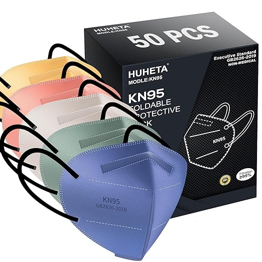 HUHETA 50 Packs KN95 Face Mask 5-Ply Breathable & Comfortable Filter Safety Mask (50PCS-MTC I Color)