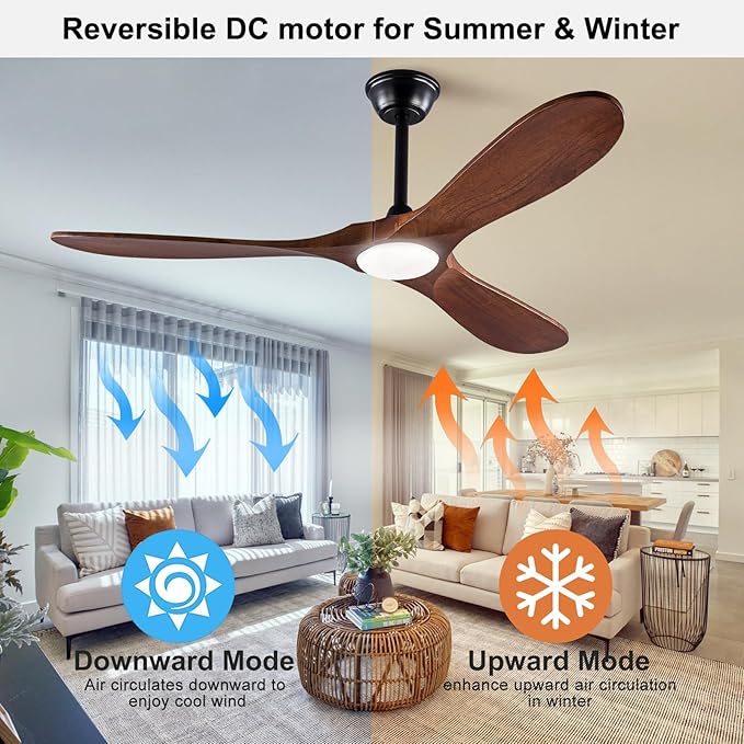 42 Inch Wood Ceiling Fan with Lights and Remote, Modern 3 Blade Fan, 6 Speed DC Motor for Indoor/Outdoor Use, Living Room, Bedroom, Patio