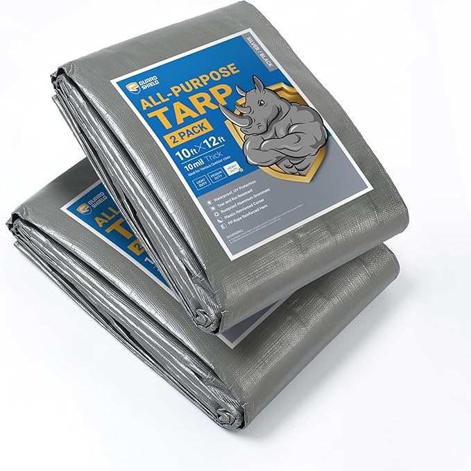 GUARD SHIELD Tarps Heavy Duty Waterproof 10x12 Feet Silver/Black Poly Tarp Cover Outdoor Thick UV Resistant Tarpaulin with Grommets 10mil (2-Pack)