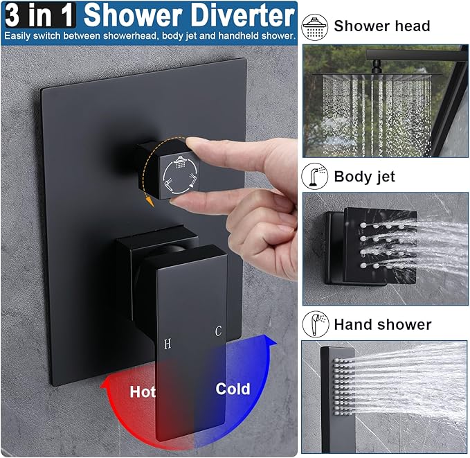 Enga Shower System with Body Jets, 12 Inch Wall Mount Rainfall Shower System and Handheld Body Spray Shower Faucets sets Combo with Rough-in Valve, Matte Black