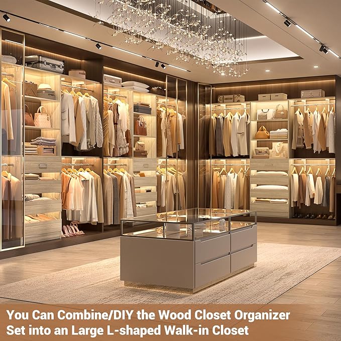 Aheaplus Closet System with 4 Drawers, 8FT Wood Closet Organizer System, 96’’ Closet Built In System Tower with Shelves, Walk-in Closet Wardrobe Clothes Garment Rack, Fits Spaces 4-9 ft, White Oak