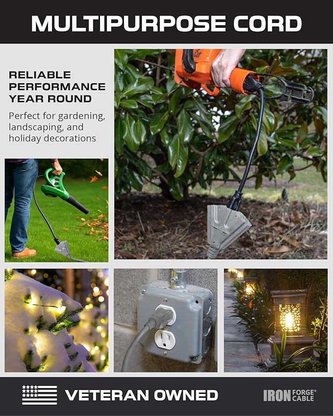 Iron Forge Cable 6 Ft Gray Outdoor Extension Cord with Multiple Outlets, 16/3 SJTW 6 Foot Grey Outdoor & Indoor Extension Cord with 3 Outlets, 3 Prong, Weatherproof 13 Amp Heavy Duty Power Cable