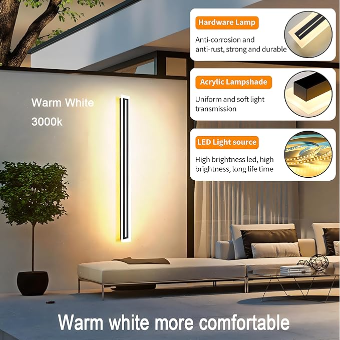 2 Pack Long Outdoor Modern LED Wall Light,31.5inch Waterproof IP65 Warm White 110V led Wall Mount Lighting Fixture Rectangular Black Elegant Frosted White Acrylic Anti Rust.