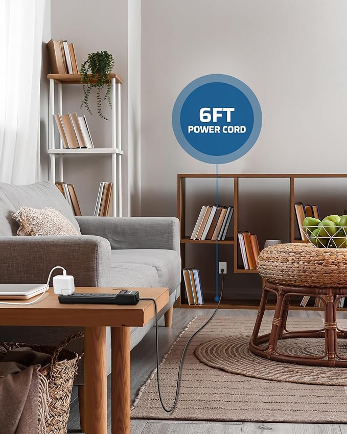 DEWENWILS 2-Pack 6-Outlet Power Strip Surge Protector, 6Ft Long Extension Cord, UL Listed, Low Profile Flat Plug, 15 Amp Circuit Breaker, 500 Joules, Wall Mount, Black