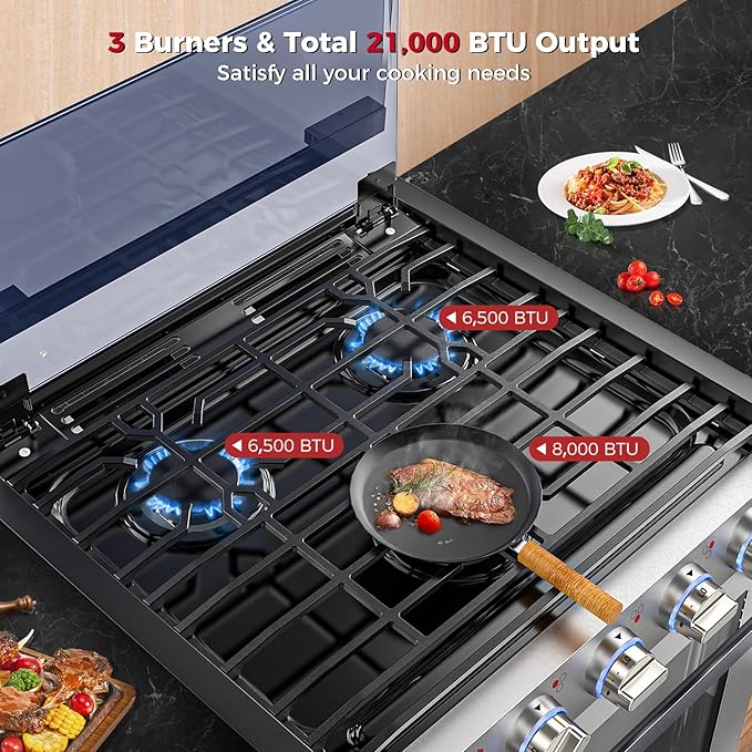 CAMPLUX Classic RV Stove Propane Range 21 Inches, Propane Oven with 3 Burners Cooktop for RV, RV Propane Oven Stove Combo 28,100 BTU/Hr, Stainless Steel RGS21MSF