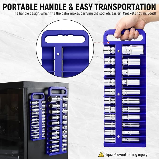 Magnetic Socket Organizer Set, 3-Piece Blue Portable Magnetic Socket Holder Tray, Heavy Duty Socket Racks For 1/2-inch& 3/8-inch& 1/4-inch Drive, Hold 76 Sockets - Fit Shallow&Deep Sockets