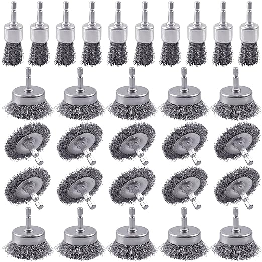 30 Pack Carbon Steel Wire Wheel Brush, Rocaris Cup Brush, Wheel Brush, Pen Brush Set with 1/4-Inch Hex Shank for Rust Removal, Corrosion and Scrub Surfaces