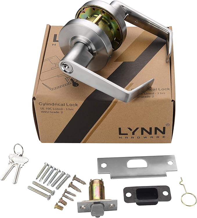 LYNN HARDWARE Classroom Commercial Door Lock - Heavy-Duty Designer Handles for Doors - Durable Grade 2 Indoor Locks for Doors - Cylindrical Lever Door Handle Lock - Satin Chrome