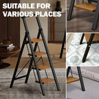 4 Step Ladder,Lightweight Folding Step Stool with Aluminum Wide Pedal& Convenient Handgrip,330lbs Capacity Steel Ladder for Household and Office(Black &Woodgrain)