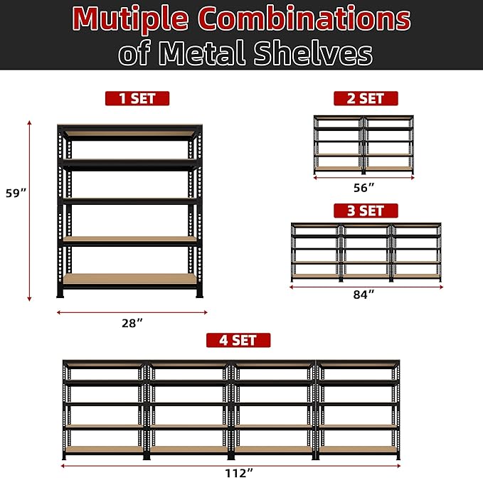 5-Shelf Heavy Duty Shelving - Adjustable Garage Storage Shelves, Metal Utility Storage Racks for Warehouse Pantry Basement Kitchen, Garage Organizers Shelf Unit, Black