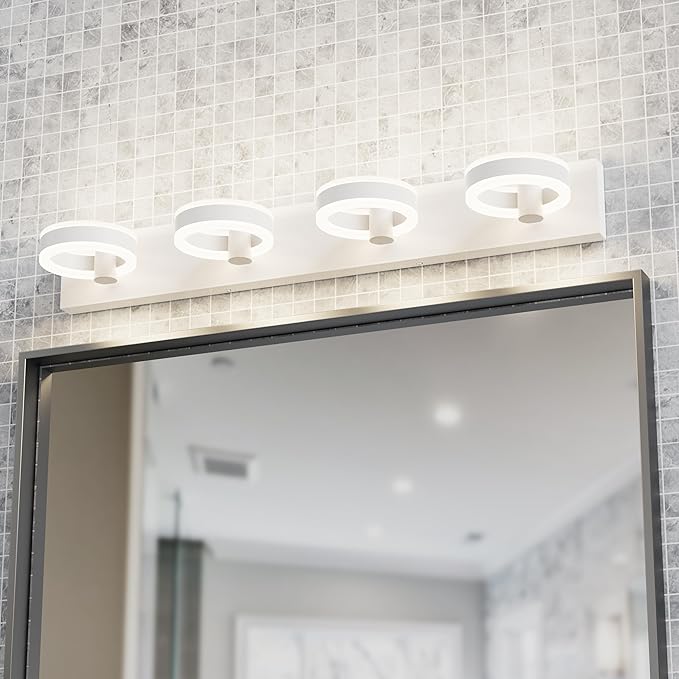 LED Bathroom Light Fixtures, 33inch White Vanity Lights, Modern 4 Light Acrylic Wall Sconces, 350° Rotatable Wall Lighting Fixture Over Mirror