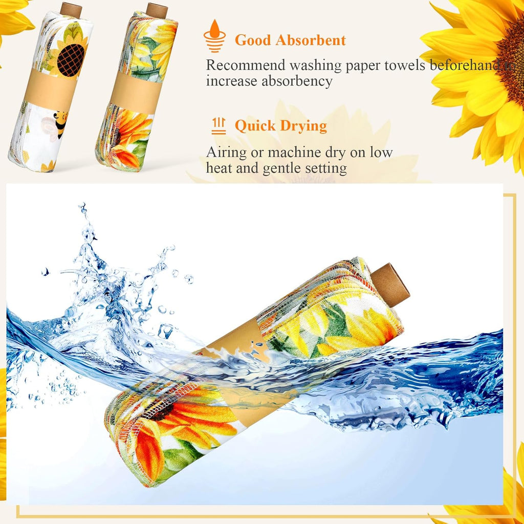 Redbaker 50 Pcs Reusable Paper Towels Paperless Reusable Cotton Cloths Toilet Absorbent Washable Paper Towels with Roll Kitchen Dishcloth for Kitchen Paperless Dishcloths(Sunflower)