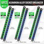 Magnetic Socket Organizer, 6-Piece Heavty Duty Aluminum Socket Holder, Socket Rail for Tool Box, Premium Quality 360° Swivel Socket Rack with 80 Clips for 1/2, 3/8, 1/4-Inch(Blue&Green)