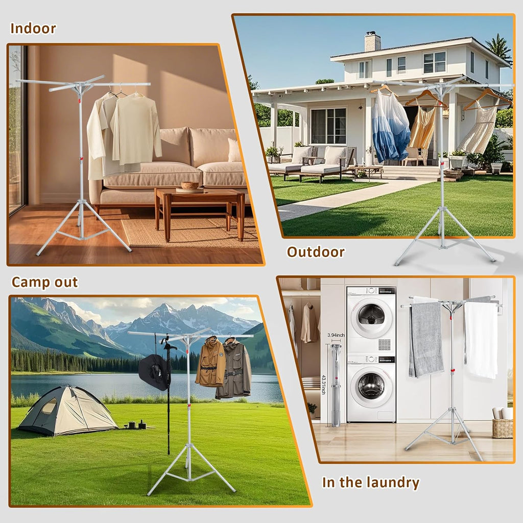 Tripod Drying Rack Height Adjustable, 2025 Upgraded Foldable Portable Standing Drying Rack,Carbon Steel Material Drying Rod, Easy to Install,Use for Indoor and Outdoor Clothes, Towel Drying