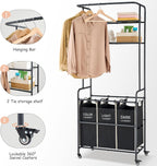 Laundry Sorter 3 Section,Laundry Hamper Cart with Hanging Rack & Removable Bags,Heavy Duty Laundry Basket with Wheels & 2 Tier Shelf,Space-Saving Laundry Basket Organizer for Laundry Room