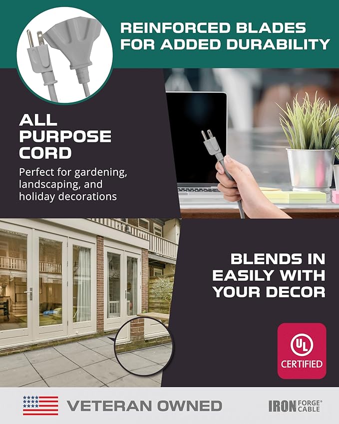 Iron Forge Cable 75 ft Gray Outdoor Extension Cord with Multiple Outlets, 16/3 SJTW 75 Foot Grey Outdoor & Indoor Extension Cord with 3 Outlets, 3 Prong, Weatherproof 10 Amp Heavy Duty Power Cable