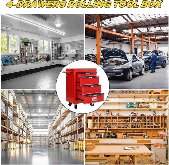 4-Drawer Steel Rolling Tool Cart with Wheels & Handle, Heavy-Duty Tool Chest Storage Cabinet for Garage and Workshop