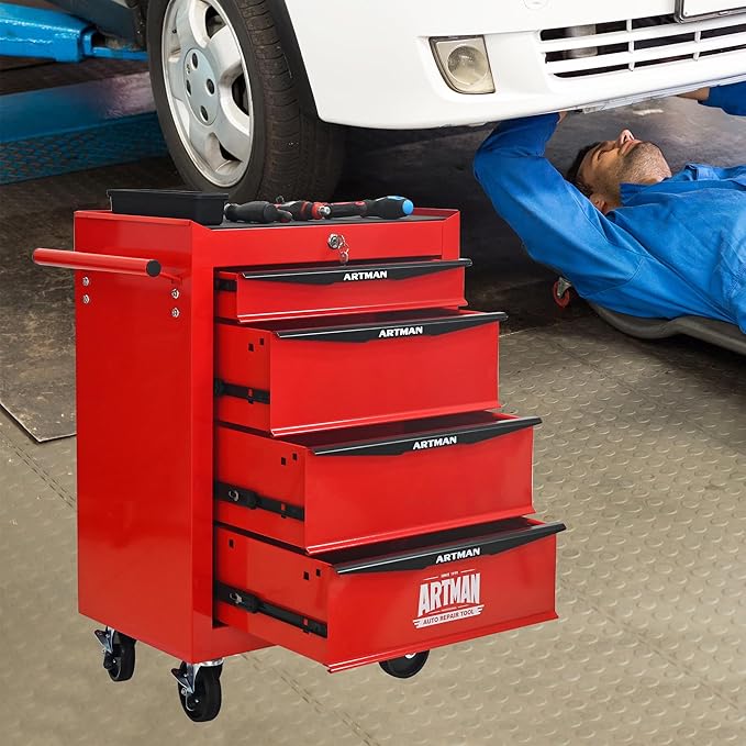 4 Drawers Rolling Tool Box on Wheels, Multifunctional Tool Chest Cabinet with Lock, Drawers Rolling Tool Cart Trolley Organizer Tool Storage Case for Warehouse,Garage,Workshop (Red)