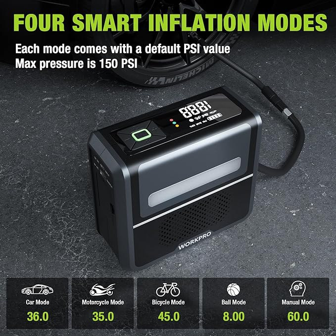 WORKPRO Portable Tire Inflator, 7.2V/12V Small/Mid/Large Air Compressor, Digital Display, Auto Shut-Off, 5 Modes, LED Light, High Airflow, for Car, Motorcycle, Bike, Balls