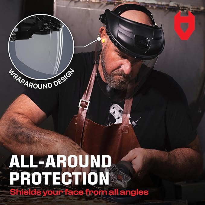 NoCry Premium Safety Face Shield for Grinding and Cutting — Clear Anti-Fog, Impact Resistant Visor and Adjustable Headgear — ANSI Z87.1 Certified for Industrial Use — Washable Sweatbands Included
