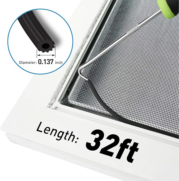 Window Screen Replacement Kit, 36"W × 90"L Durable Polyester Adjustable Screen Mesh with Retainer Spline (32ft) for DIY Project Window Screen Door Screen Replacement & Repair, Black