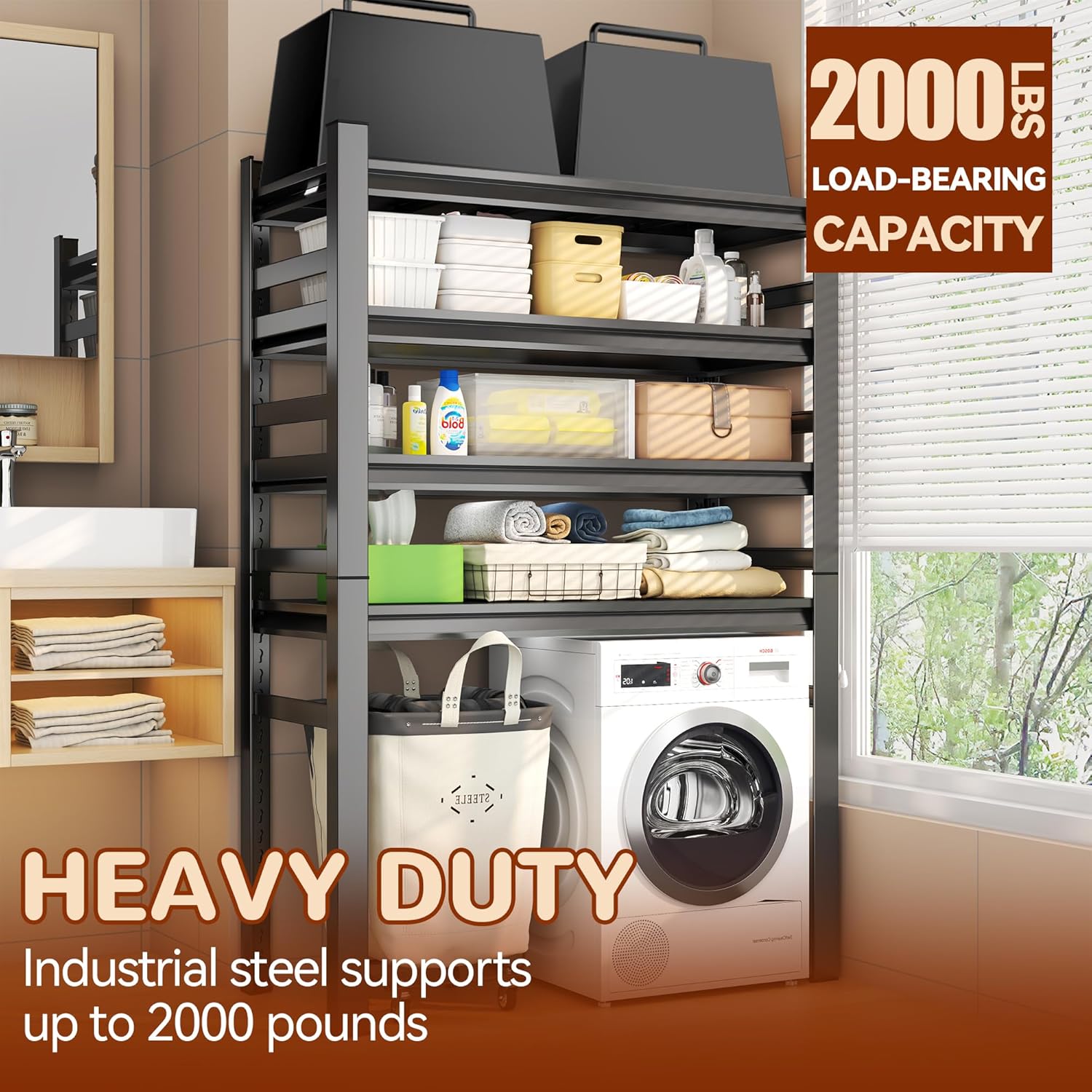 Laundry Shelf,5 Tier Over Washer and Dryer Storage Shelves,Adjustable Easy to Install,Space Saver Laundry Shelf Organizer,Utility Shelves for Balcony,Black,72”H*15.7”D*35.4“W