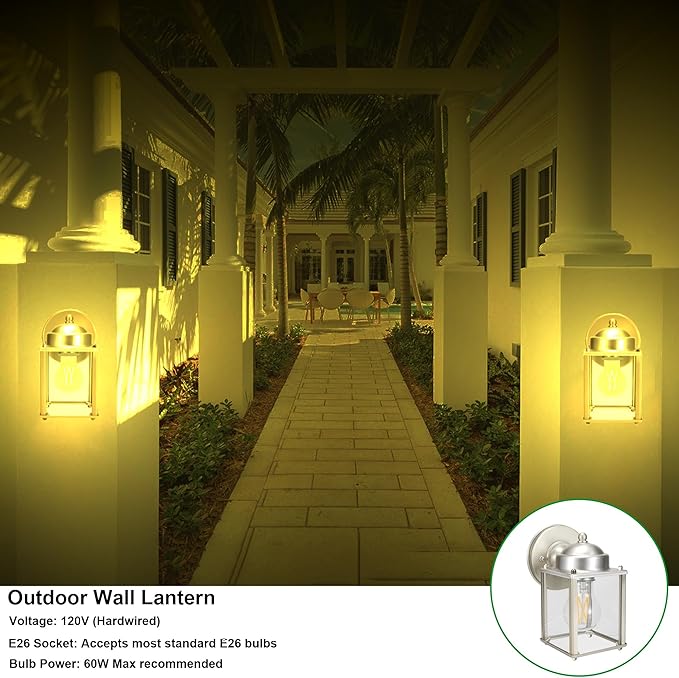LIT-PaTH Outdoor Wall Lantern, Wall Sconce as Porch Lighting Fixture, E26 Medium Base, Aluminum Housing Plus Glass, Bulbs NOT Included, 2-Pack, Nickel Finish