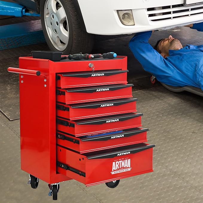 6 Drawers Rolling Tool Box on Wheels, Multifunctional Tool Chest Cabinet with Lock, Drawers Rolling Tool Cart Trolley Organizer Tool Storage Case for Warehouse,Garage,Workshop (Red)