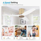 48" Ceiling Fan No Light - Low Profile Flush Mount Ceiling Fan, 6-Speed Remote Control, Solid Wood, Quiet Reversible DC Motor, White/Gold Finish, for Bedroom, Living Room, Porch