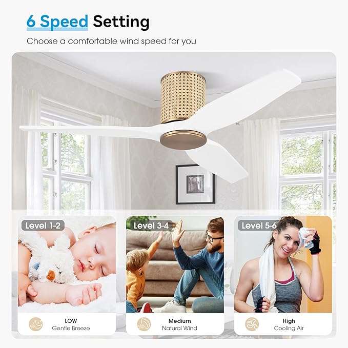 48" Ceiling Fan No Light - Low Profile Flush Mount Ceiling Fan, 6-Speed Remote Control, Solid Wood, Quiet Reversible DC Motor, White/Gold Finish, for Bedroom, Living Room, Porch