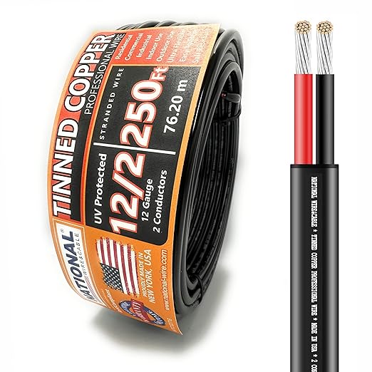 National Wire&Cable - 12/2 Tinned Copper Professional Wire (250 Feet) 12 AWG Gauge Stranded PVC Cord - 2 Conductor Electrical Wire - Made in USA - CL Rated/ETL Listed - Automotive, Low Voltage Cable