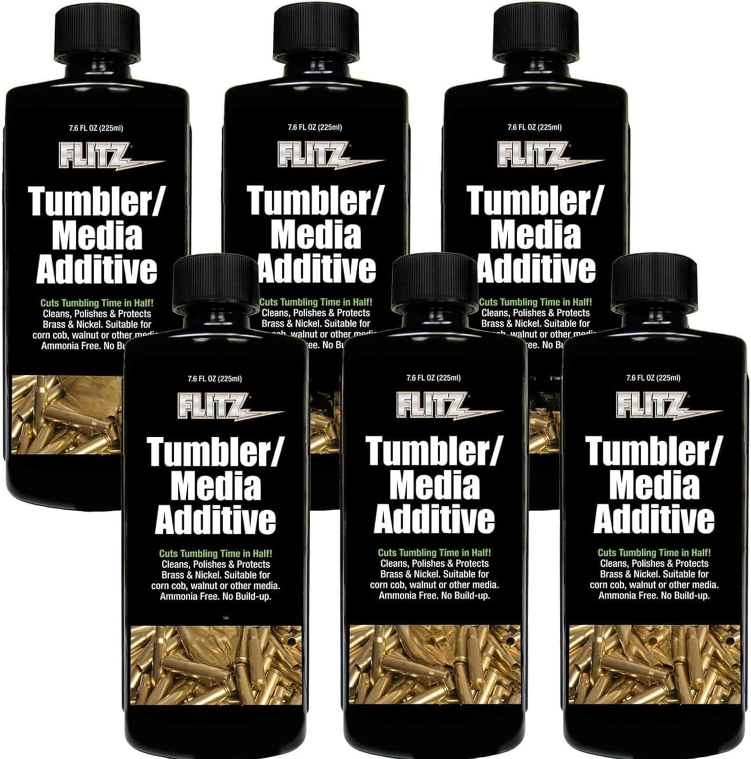 Flitz Tumbler Media Additive - 7.6oz Bottle of USA-Made Brass Cleaner Reloading Liquid for Ammo, Copper, & All Metals - Ammonia-Free Tumbling Polish to Remove Oxidation, Powder Residue (6 Pack)
