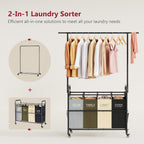 Tajsoon Laundry Sorter Cart with Hanging Clothes Rack, 4 Butler Sorter Basket Organizer, Laundry Hamper Cart with Heavy Duty Rolling Lockable Wheels, 4 Colors