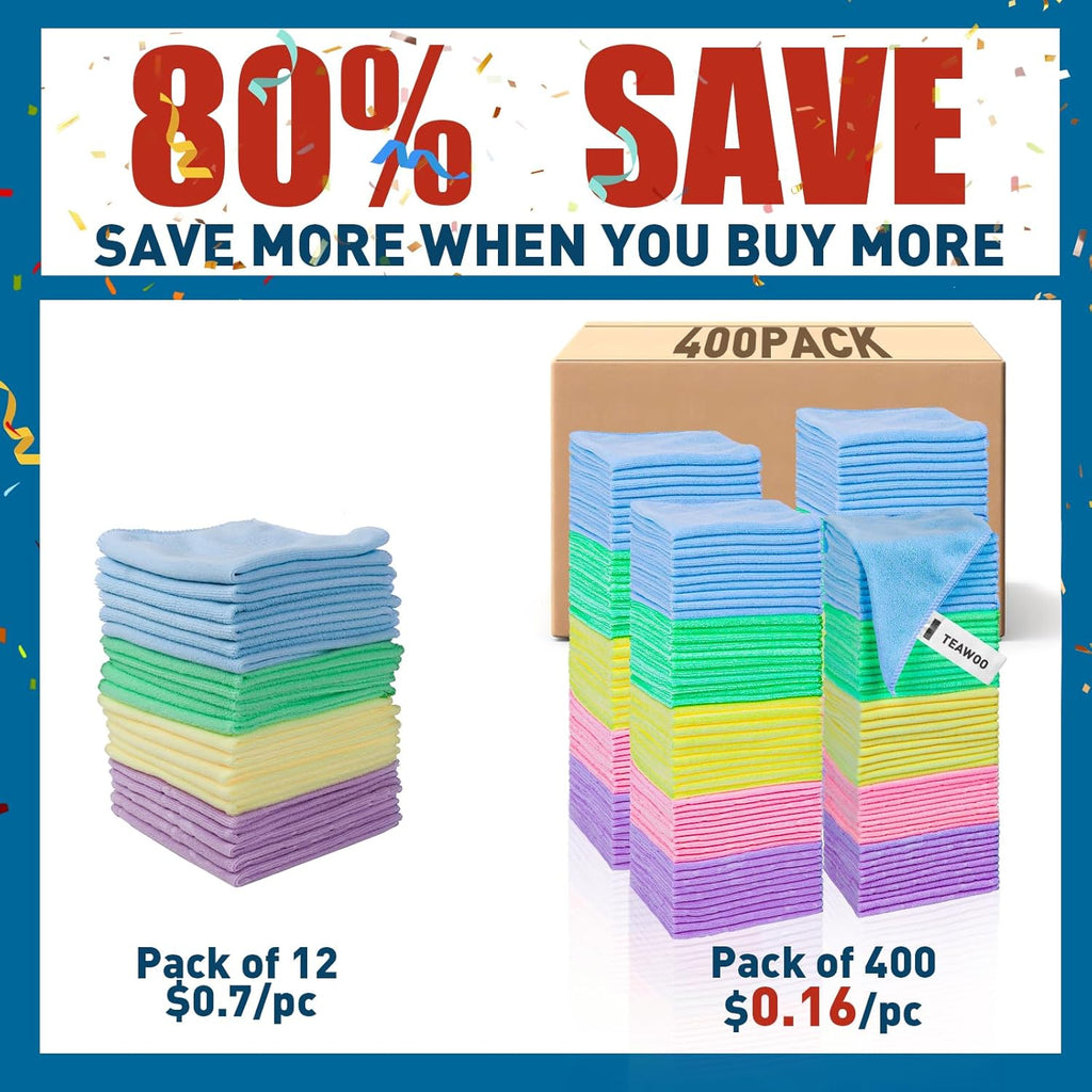 Microfiber Towels Bulk-400 Pack, Cleaning Cloths, Microfiber Towels for Cars, Cleaning Rags 5 Colors Assorted (12x12 inches)